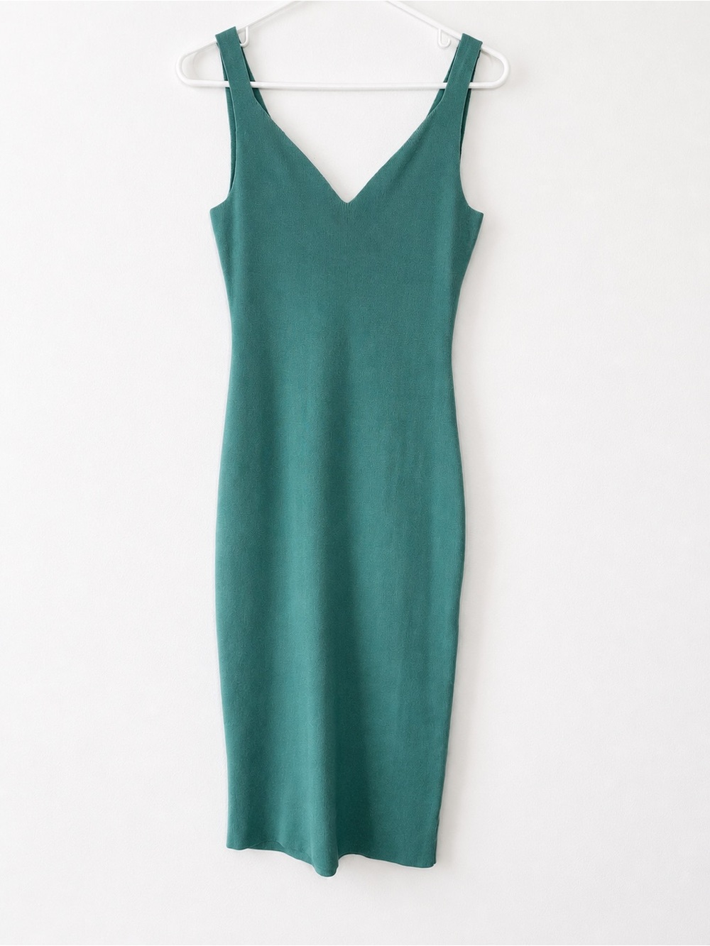 Sea Green Teal Knit Midi Dress V-Neck Bodycon Minimalist Quiet Luxury Chic Date - Picture 2 of 5